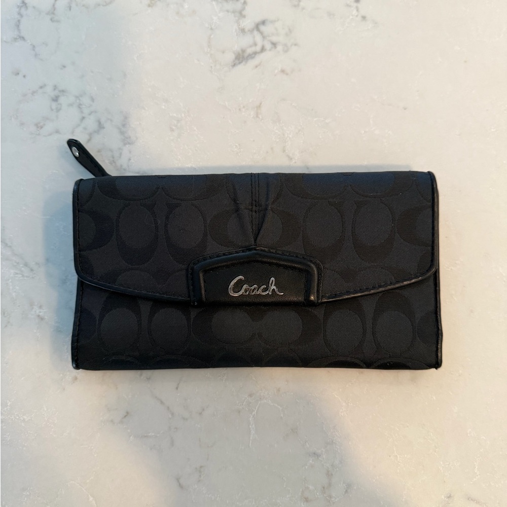 Coach Black Signature Wallet with Logo Plaque